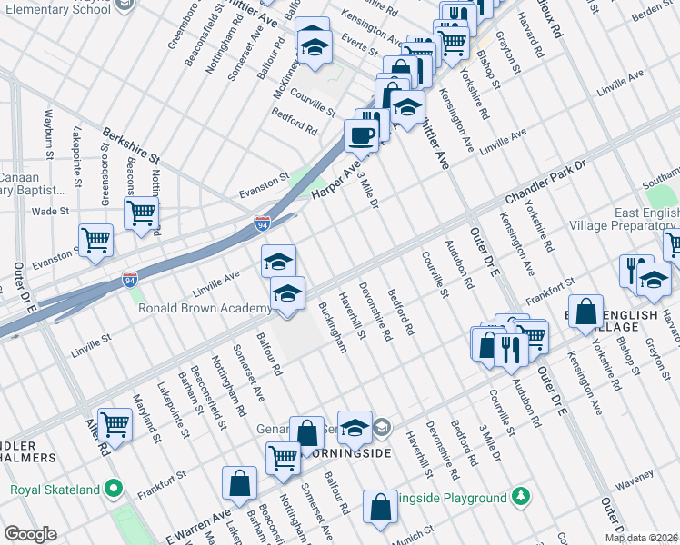 map of restaurants, bars, coffee shops, grocery stores, and more near 5713 Devonshire Road in Detroit