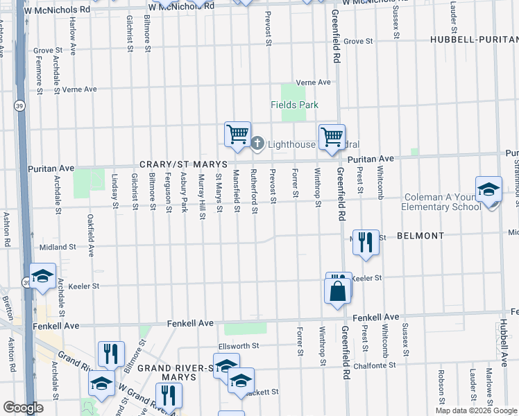 map of restaurants, bars, coffee shops, grocery stores, and more near 15757 Prevost Street in Detroit