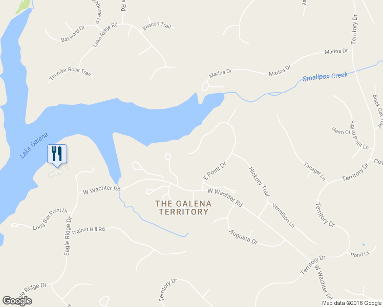 map of restaurants, bars, coffee shops, grocery stores, and more near 4 East Point Drive in Galena