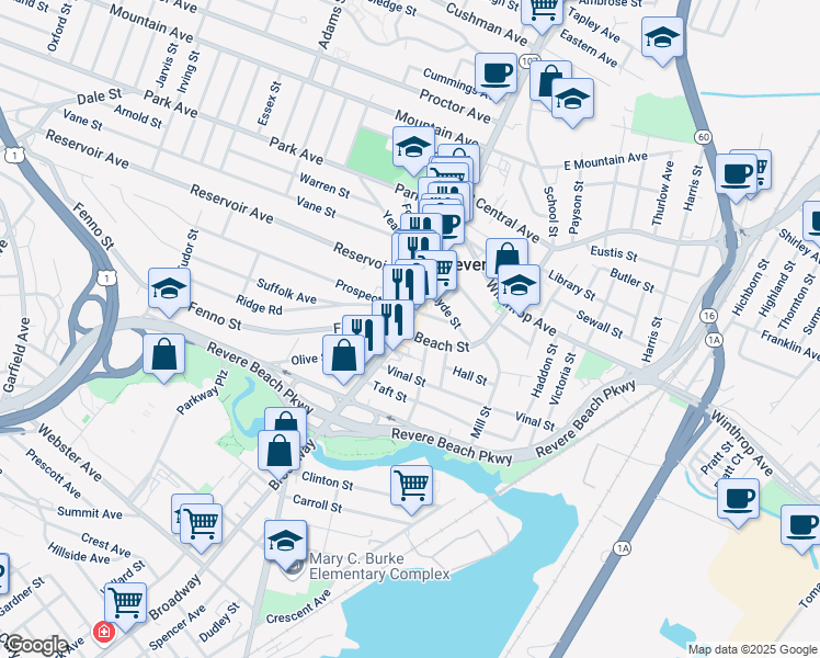 map of restaurants, bars, coffee shops, grocery stores, and more near 209 Massachusetts 107 in Revere