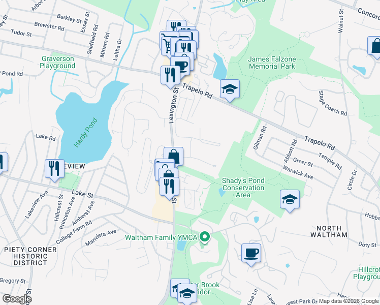 map of restaurants, bars, coffee shops, grocery stores, and more near 42 Lionel Avenue in Waltham