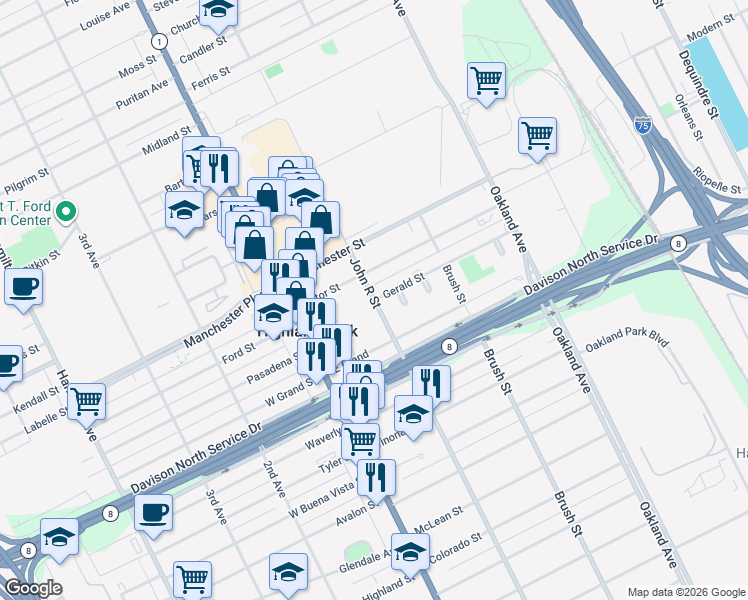 map of restaurants, bars, coffee shops, grocery stores, and more near John R St & Gerald St in Highland Park