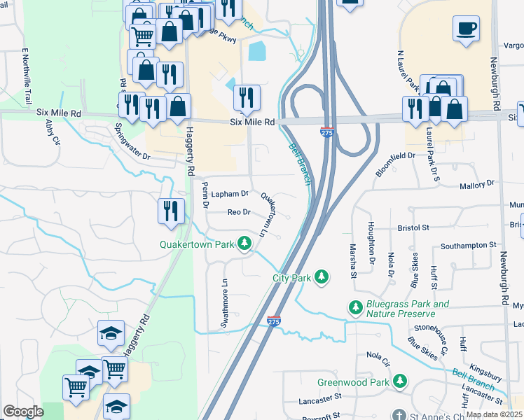 map of restaurants, bars, coffee shops, grocery stores, and more near 38920 Reo Drive in Livonia