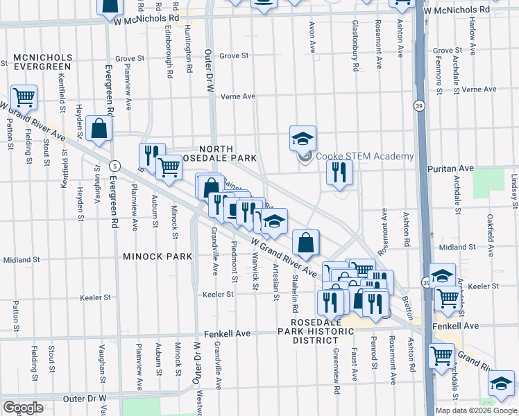 map of restaurants, bars, coffee shops, grocery stores, and more near 15963 Warwick Street in Detroit