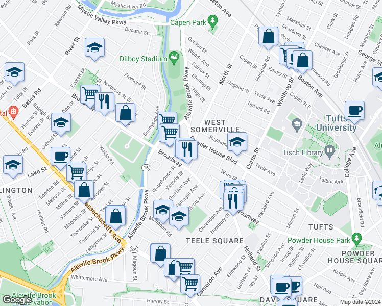 map of restaurants, bars, coffee shops, grocery stores, and more near 7 Hamilton Road in Somerville