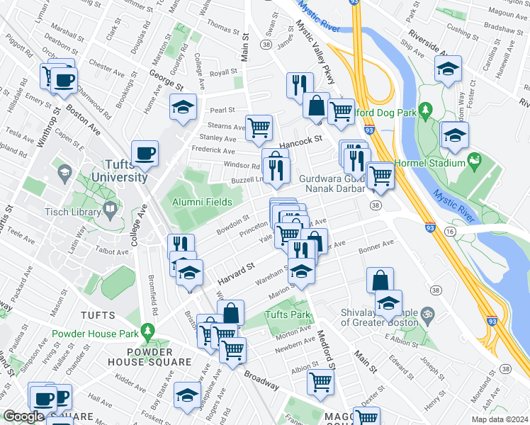 map of restaurants, bars, coffee shops, grocery stores, and more near 18 Bowdoin Street in Medford