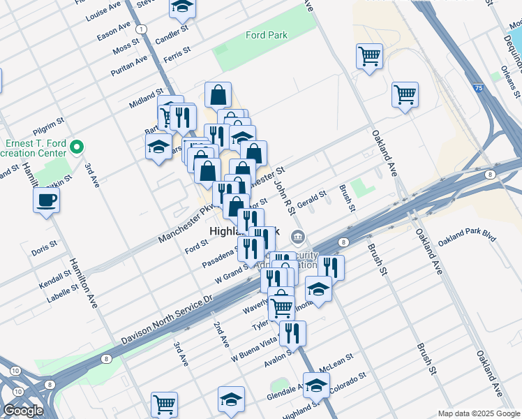 map of restaurants, bars, coffee shops, grocery stores, and more near 40 Victor Street in Highland Park
