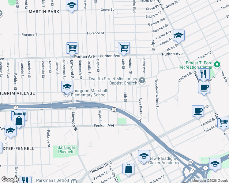 map of restaurants, bars, coffee shops, grocery stores, and more near 15574 Log Cabin Street in Detroit