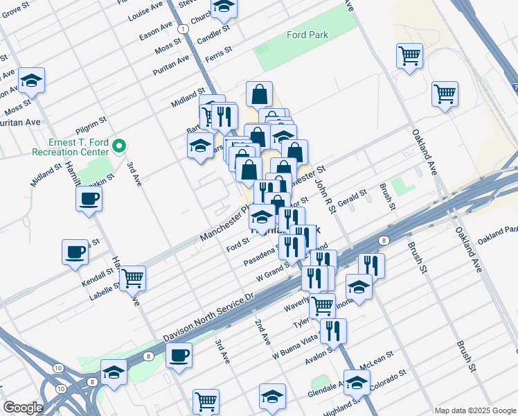 map of restaurants, bars, coffee shops, grocery stores, and more near 14041 Woodward Avenue in Highland Park