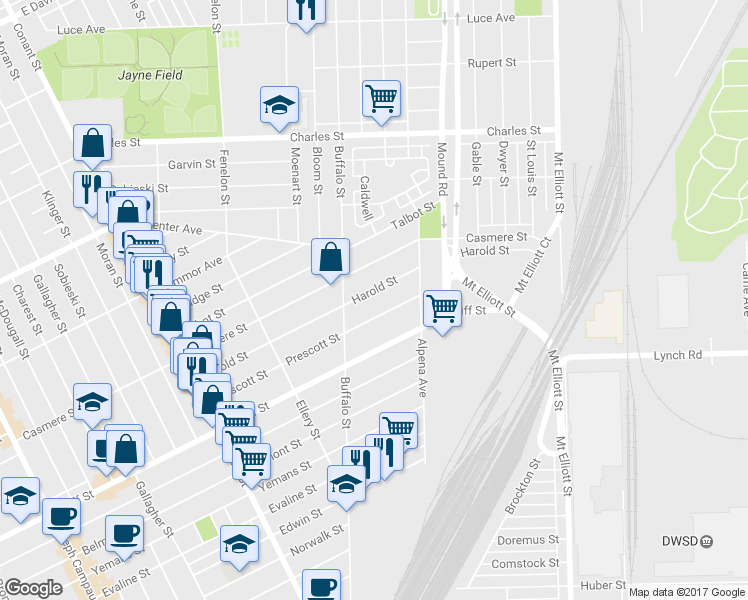 map of restaurants, bars, coffee shops, grocery stores, and more near 5558 Harold Street in Hamtramck