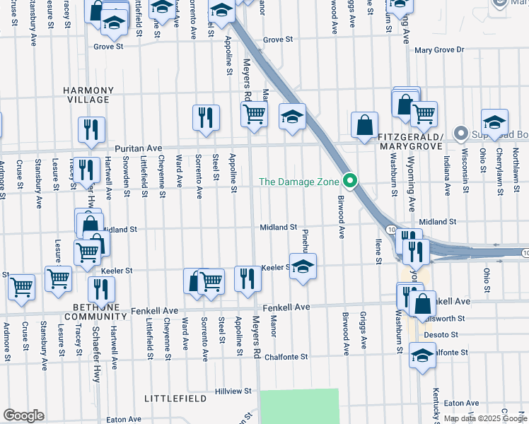 map of restaurants, bars, coffee shops, grocery stores, and more near 15751 Manor in Detroit