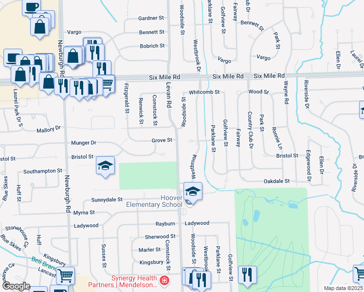 map of restaurants, bars, coffee shops, grocery stores, and more near 16490 Levan Road in Livonia