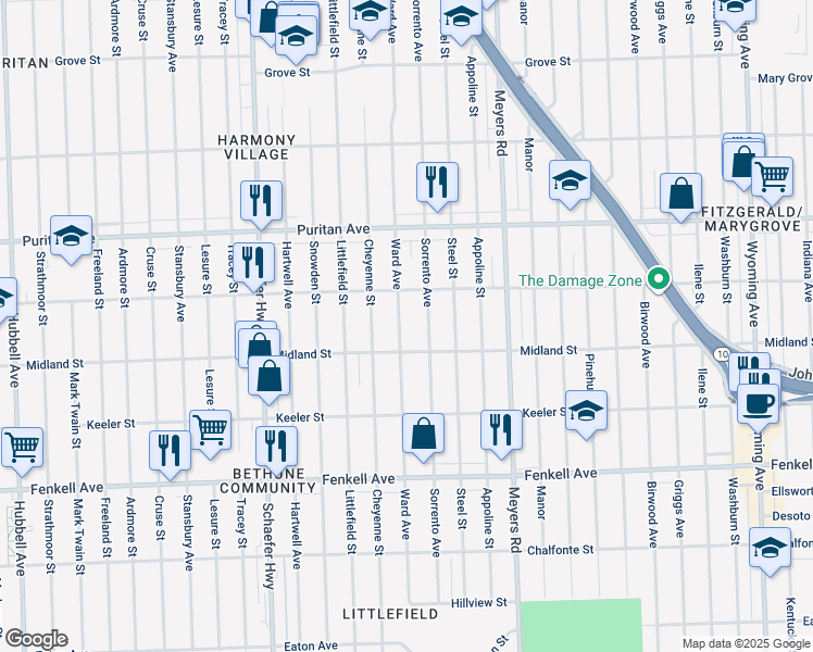 map of restaurants, bars, coffee shops, grocery stores, and more near 15744 Ward Avenue in Detroit