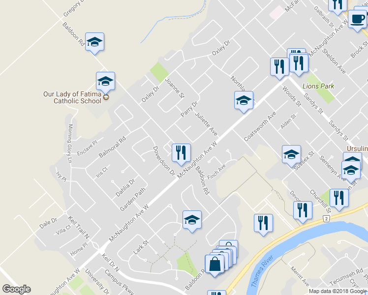 map of restaurants, bars, coffee shops, grocery stores, and more near 368 Baldoon Road in Chatham