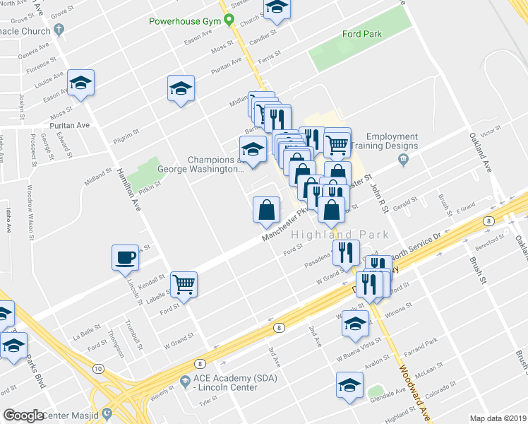 map of restaurants, bars, coffee shops, grocery stores, and more near 104 Town Center Drive in Highland Park