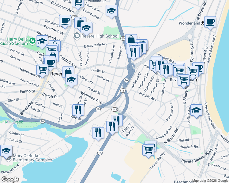map of restaurants, bars, coffee shops, grocery stores, and more near 17 Hasey Street in Revere