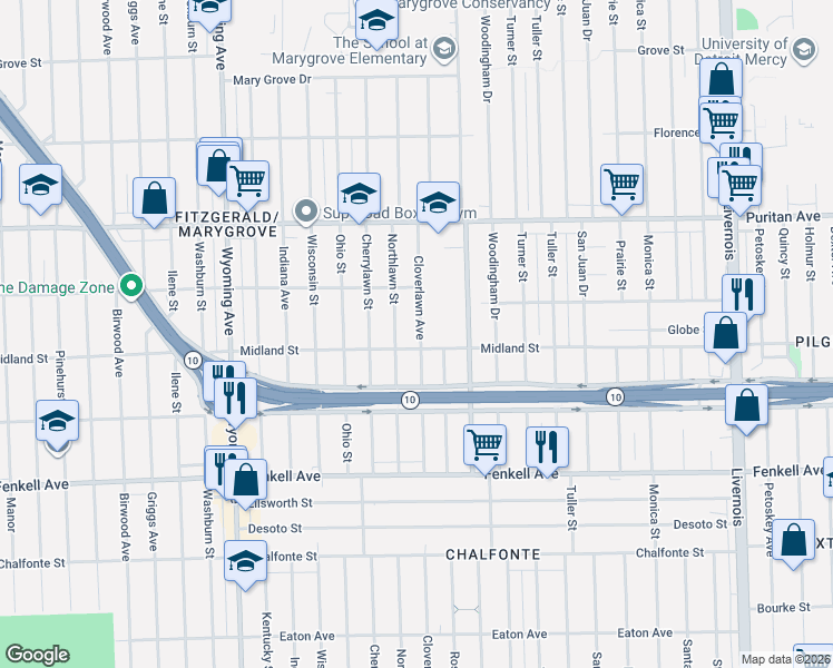 map of restaurants, bars, coffee shops, grocery stores, and more near 15725 Cloverlawn Avenue in Detroit