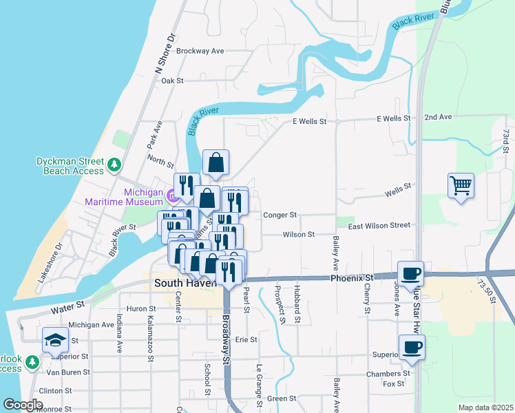 map of restaurants, bars, coffee shops, grocery stores, and more near 641 Conger Street in South Haven