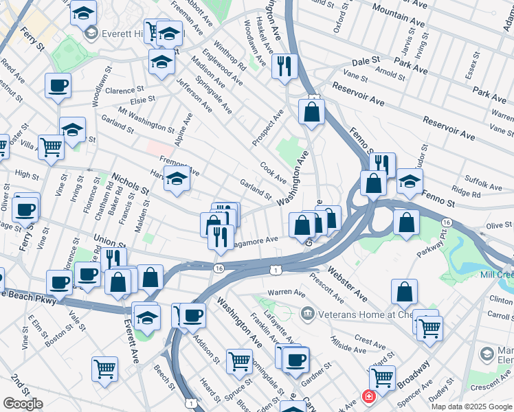 map of restaurants, bars, coffee shops, grocery stores, and more near 22 Harvard Street in Chelsea