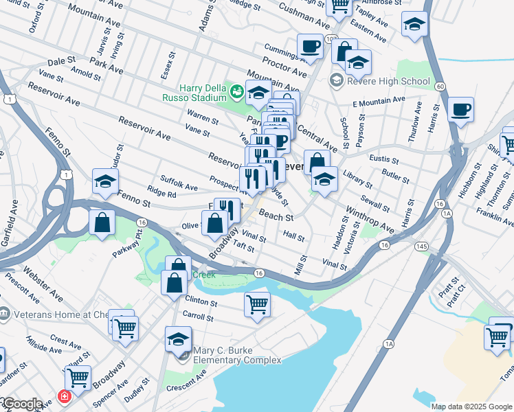 map of restaurants, bars, coffee shops, grocery stores, and more near 209 Massachusetts 107 in Revere
