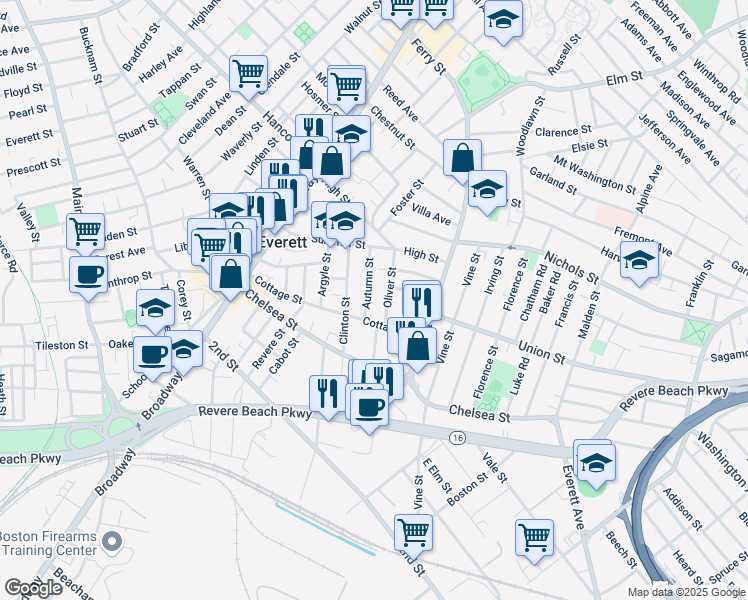 map of restaurants, bars, coffee shops, grocery stores, and more near 13 Oliver Street in Everett