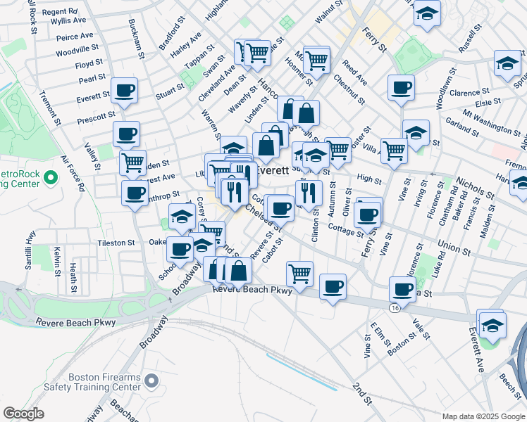 map of restaurants, bars, coffee shops, grocery stores, and more near 47 Cottage Street in Everett