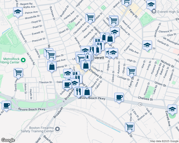 map of restaurants, bars, coffee shops, grocery stores, and more near 15 Chelsea Street in Everett