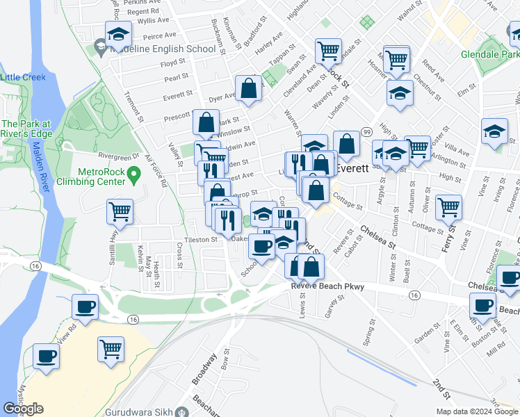 map of restaurants, bars, coffee shops, grocery stores, and more near 22 Hatch Street in Everett