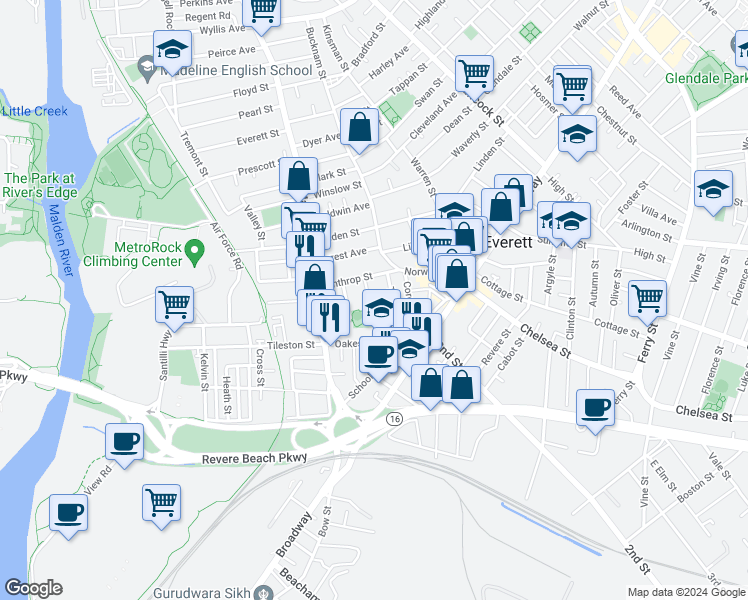map of restaurants, bars, coffee shops, grocery stores, and more near 22 Hatch Street in Everett