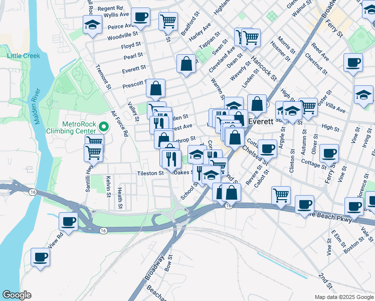 map of restaurants, bars, coffee shops, grocery stores, and more near 22 Hatch Street in Everett