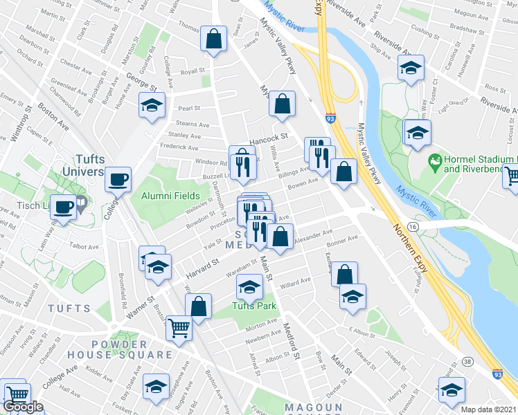 map of restaurants, bars, coffee shops, grocery stores, and more near 19 Golden Avenue in Medford