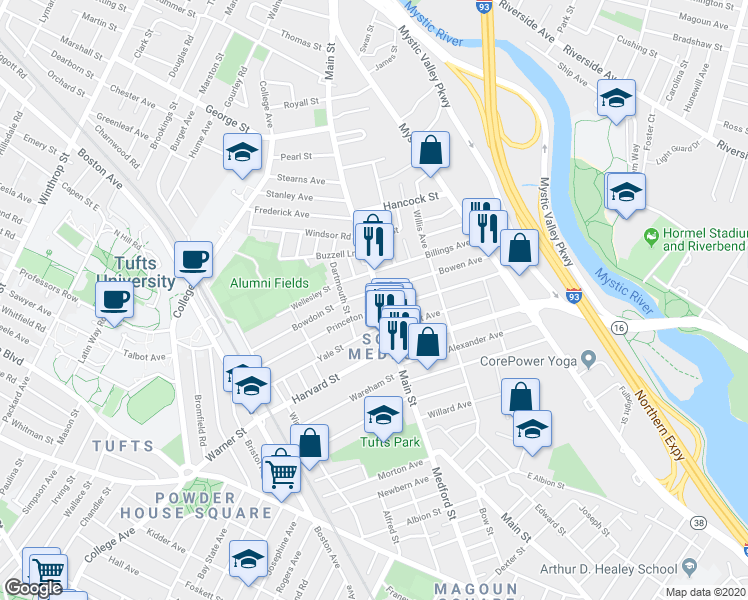 map of restaurants, bars, coffee shops, grocery stores, and more near 9 Princeton Street in Medford