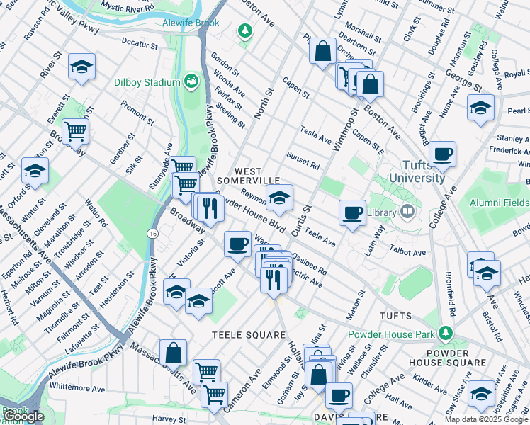 map of restaurants, bars, coffee shops, grocery stores, and more near 183 Powder House Boulevard in Somerville