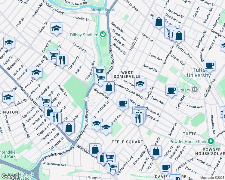 map of restaurants, bars, coffee shops, grocery stores, and more near 35 Barton Street in Somerville