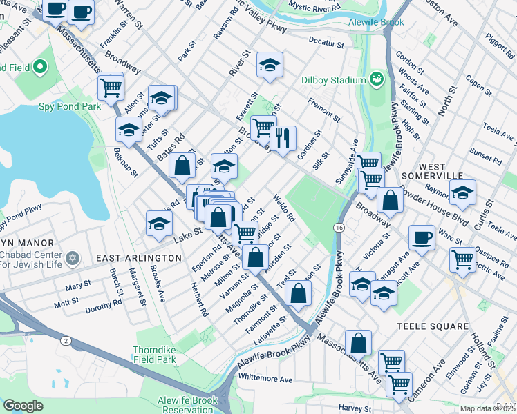 map of restaurants, bars, coffee shops, grocery stores, and more near 44 Marathon Street in Arlington