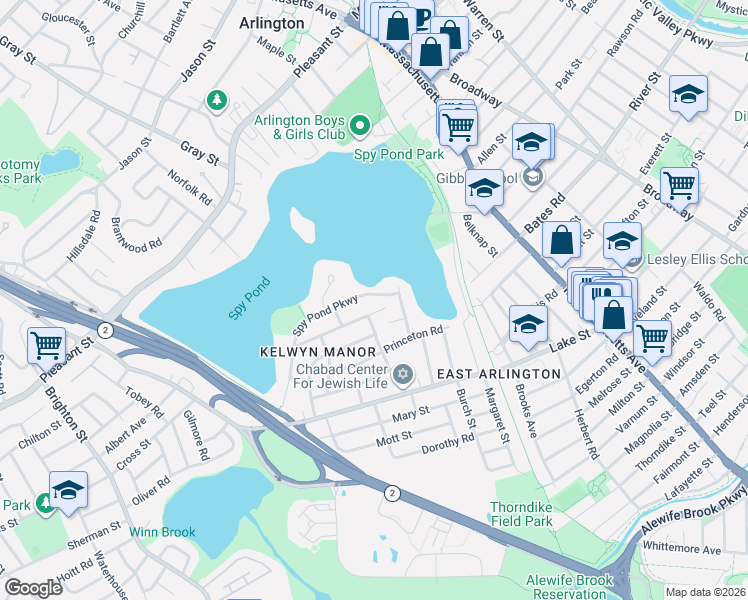 map of restaurants, bars, coffee shops, grocery stores, and more near 103 Spy Pond Parkway in Arlington