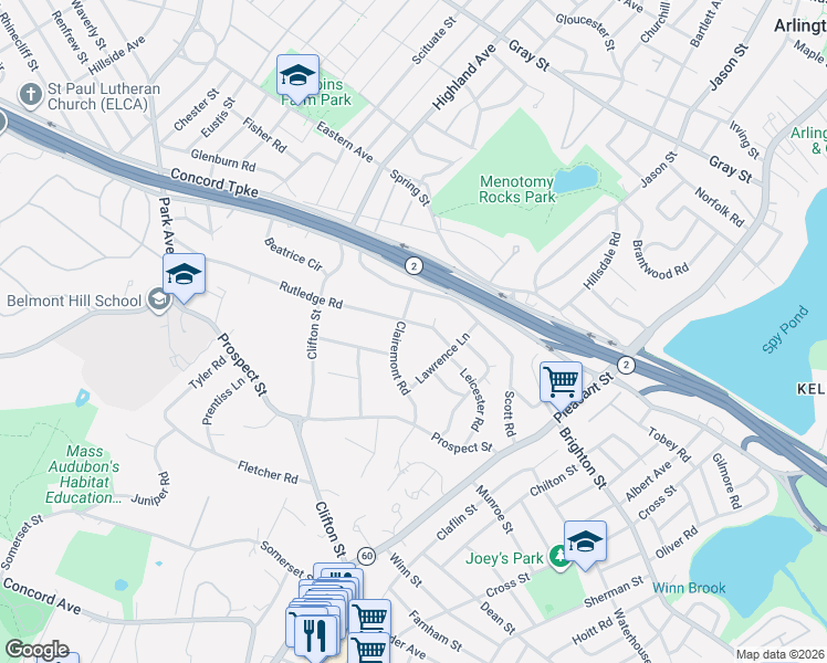 map of restaurants, bars, coffee shops, grocery stores, and more near 42 Rutledge Road in Belmont