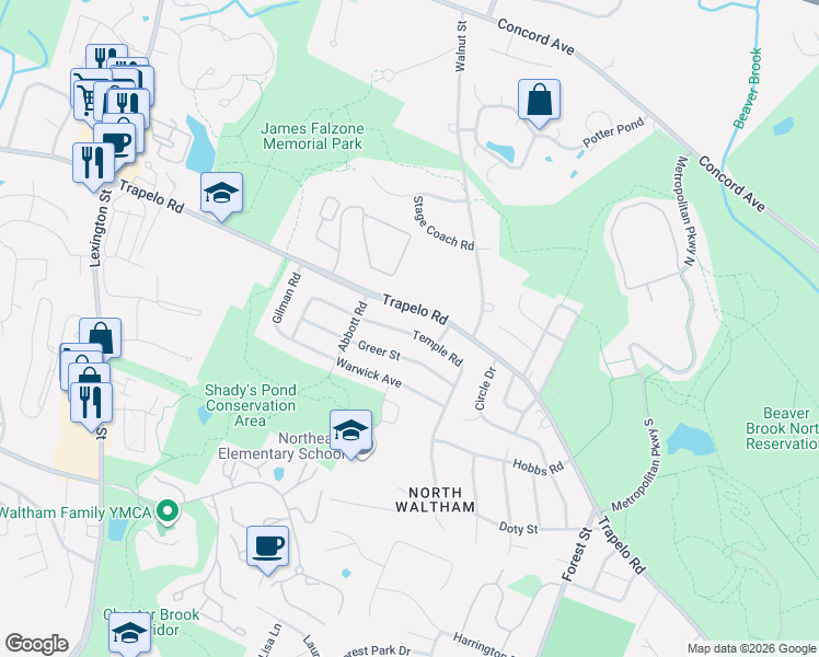 map of restaurants, bars, coffee shops, grocery stores, and more near 100 Temple Road in Waltham
