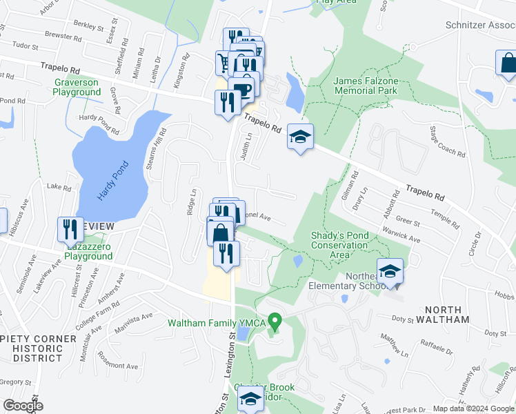 map of restaurants, bars, coffee shops, grocery stores, and more near 42 Lionel Avenue in Waltham
