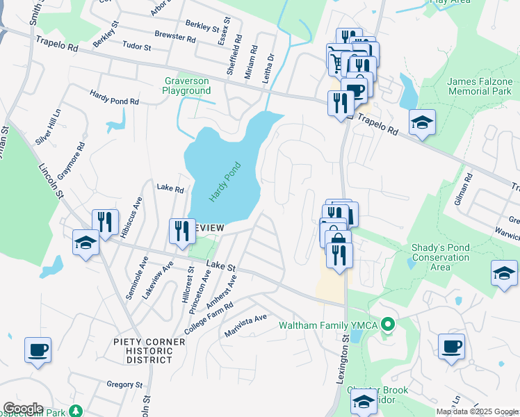 map of restaurants, bars, coffee shops, grocery stores, and more near 70 Hiawatha Avenue in Waltham