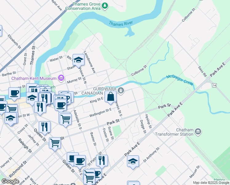 map of restaurants, bars, coffee shops, grocery stores, and more near 183 King Street East in Chatham