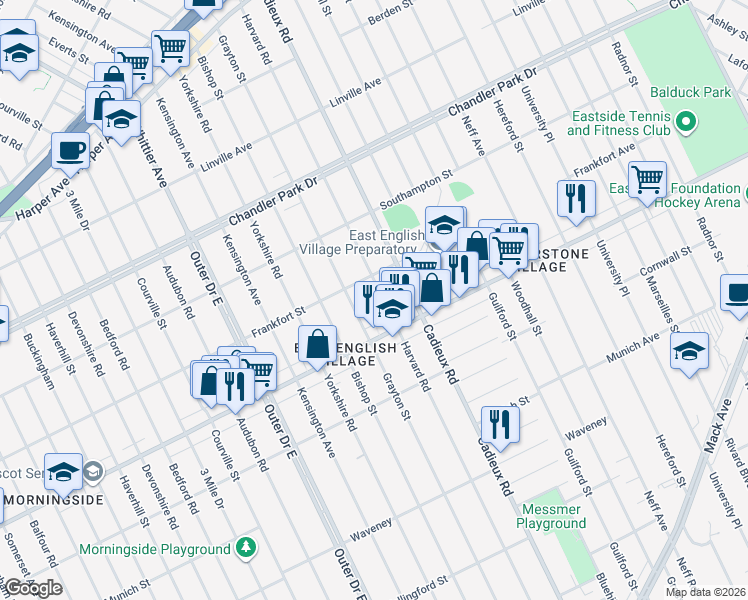 map of restaurants, bars, coffee shops, grocery stores, and more near 5067 Harvard Road in Detroit