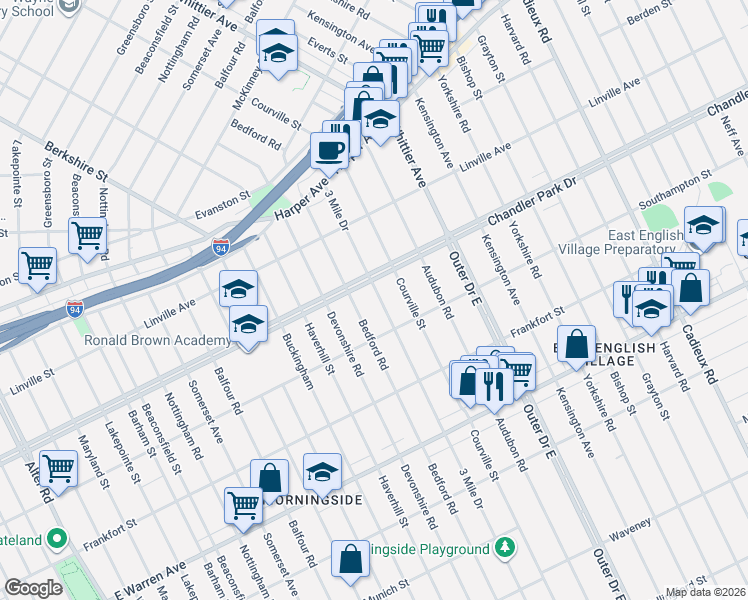 map of restaurants, bars, coffee shops, grocery stores, and more near 5556 3 Mile Drive in Detroit