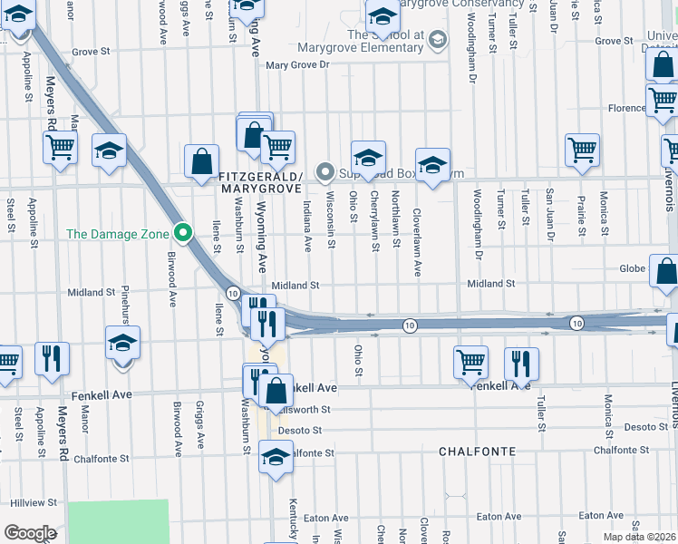 map of restaurants, bars, coffee shops, grocery stores, and more near 15717 Wisconsin Street in Detroit
