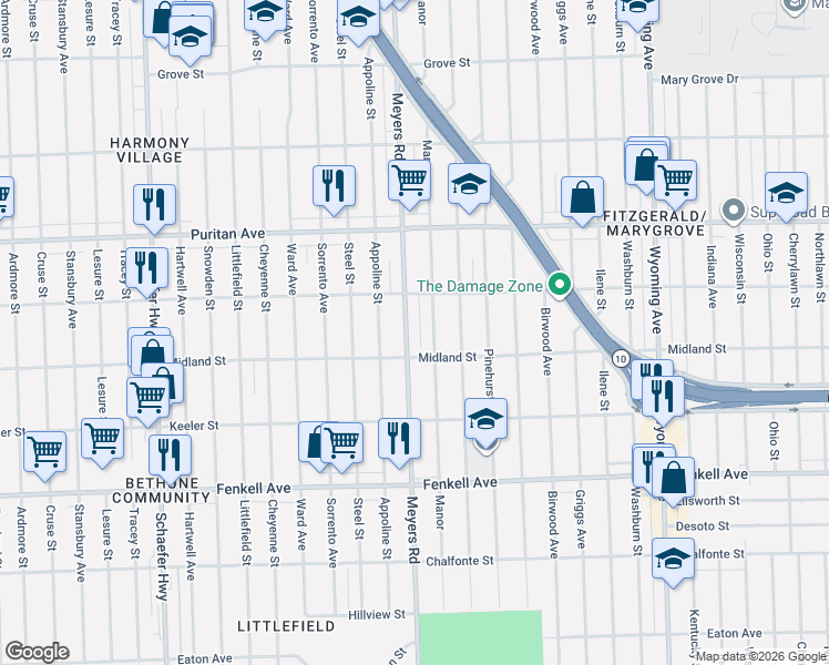 map of restaurants, bars, coffee shops, grocery stores, and more near 15751 Manor in Detroit