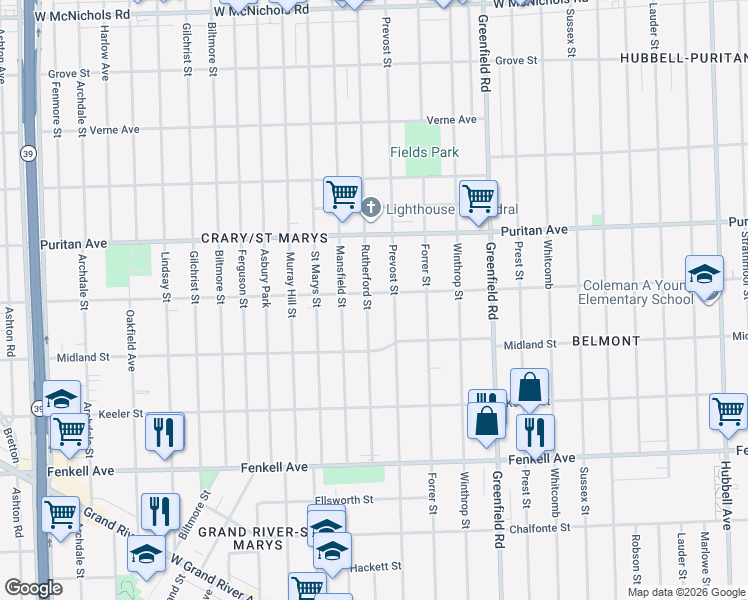 map of restaurants, bars, coffee shops, grocery stores, and more near 15757 Prevost Street in Detroit