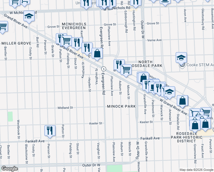map of restaurants, bars, coffee shops, grocery stores, and more near 15825 Plainview Avenue in Detroit
