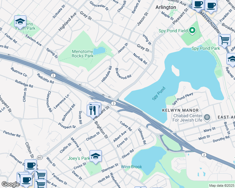 map of restaurants, bars, coffee shops, grocery stores, and more near 253 Pleasant Street in Arlington