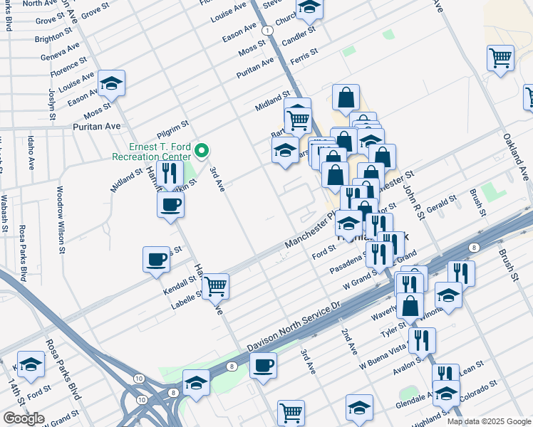 map of restaurants, bars, coffee shops, grocery stores, and more near 14201 2nd Avenue in Highland Park