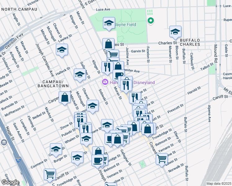 map of restaurants, bars, coffee shops, grocery stores, and more near 11758 Moran Street in Hamtramck